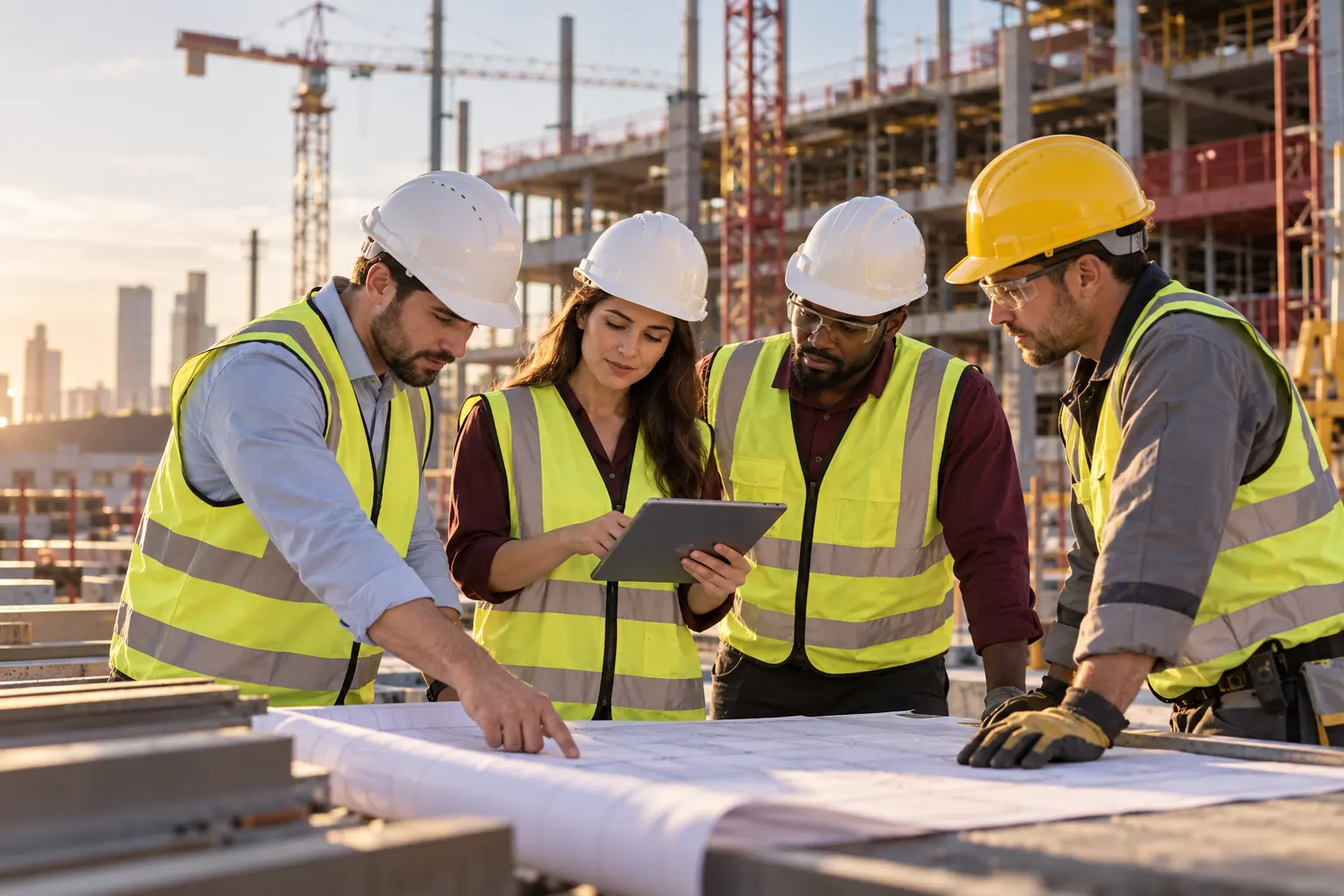 Engineering and construction professionals reviewing a project on site