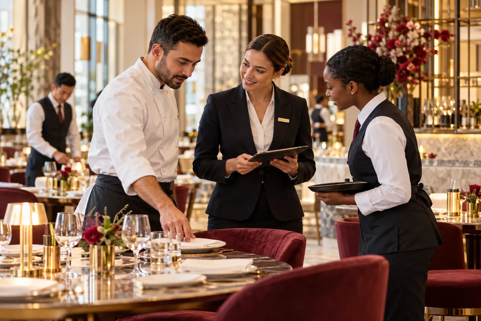 Chef, supervisor and front-of-house professional coordinating hotel service