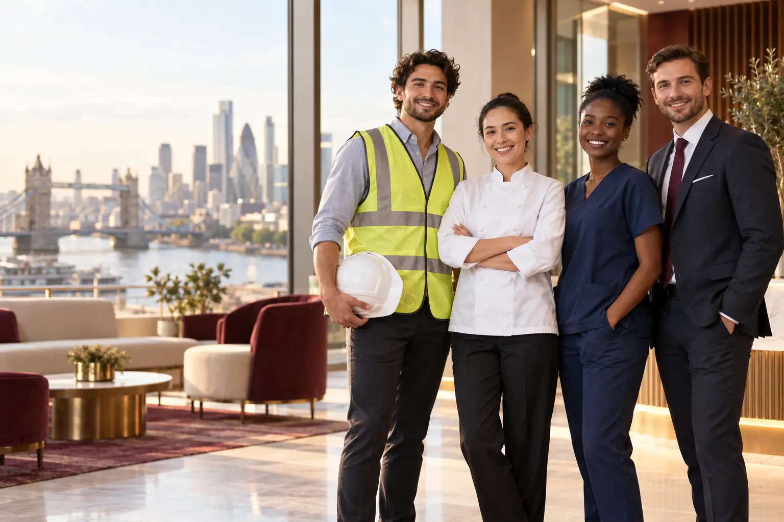 Professionals representing engineering, hospitality, healthcare and business careers